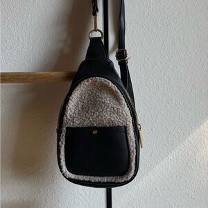 Black Faux Leather & Cream Sherpa Crossbody Sling Bag